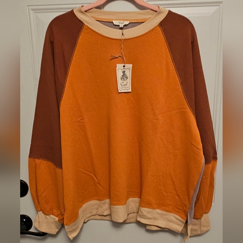 easel Orange & Brown Colorblock Crewneck Sweatshirt